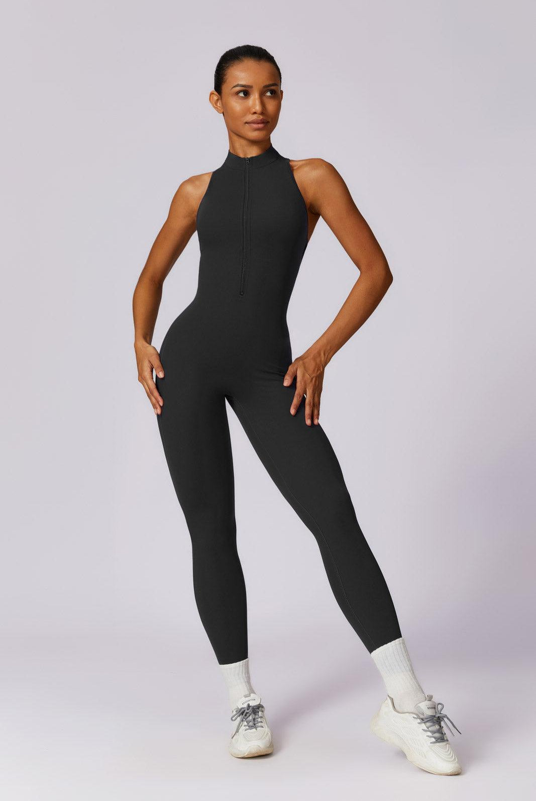Black Sleeveless Jumpsuit | High-Neck Zip Front & Ruched Back By BOTA Official
