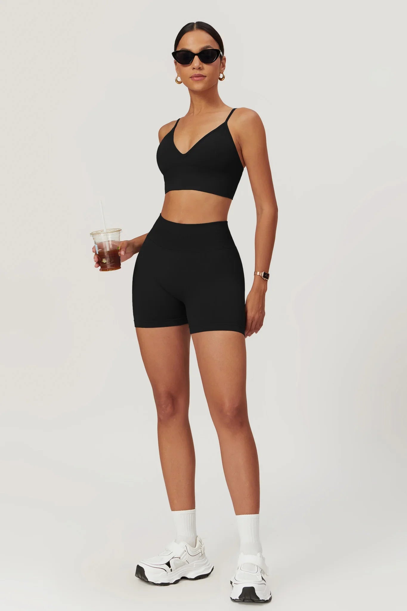 Chic Black Sports Bra with Adjustable Straps and V Neckline by BOTA Official