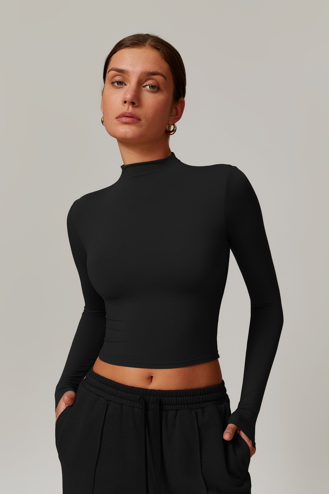 Black Long Sleeve Top with Round Neckline and Comfy Nylon