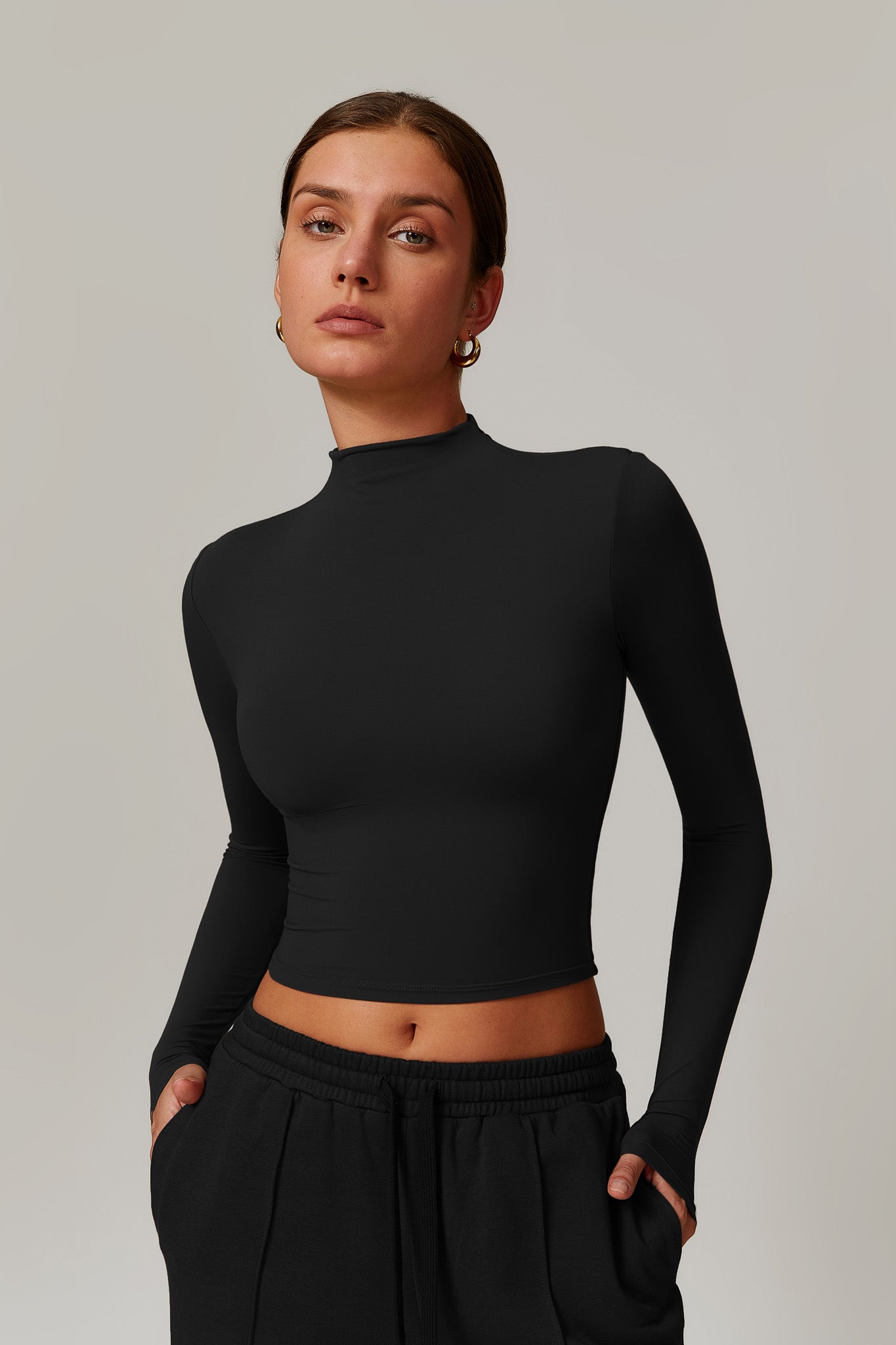 Black Long Sleeve Top with Round Neckline and Comfy Nylon By BOTA Official