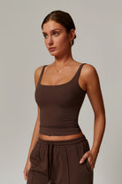 Sleeveless Brown Gym Top with Flattering U Shaped Back and Nylon By BOTA Official