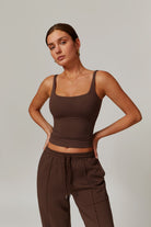 Sleeveless Brown Gym Top with Flattering U Shaped Back and Nylon By BOTA Official