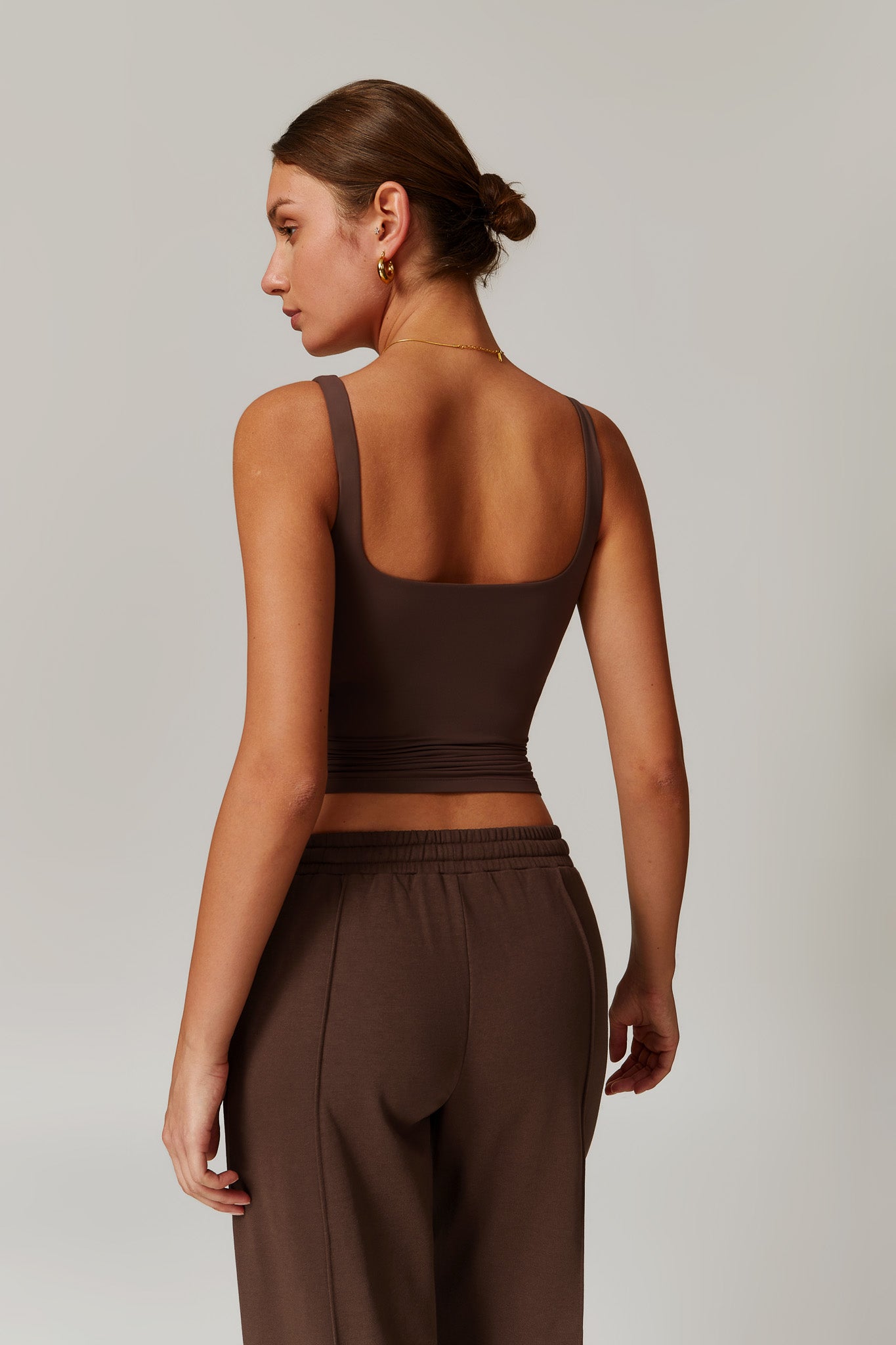 Sleeveless Brown Gym Top with Flattering U Shaped Back and Nylon By BOTA Official