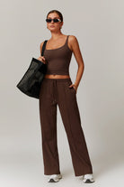 Sleeveless Brown Gym Top with Flattering U Shaped Back and Nylon By BOTA Official