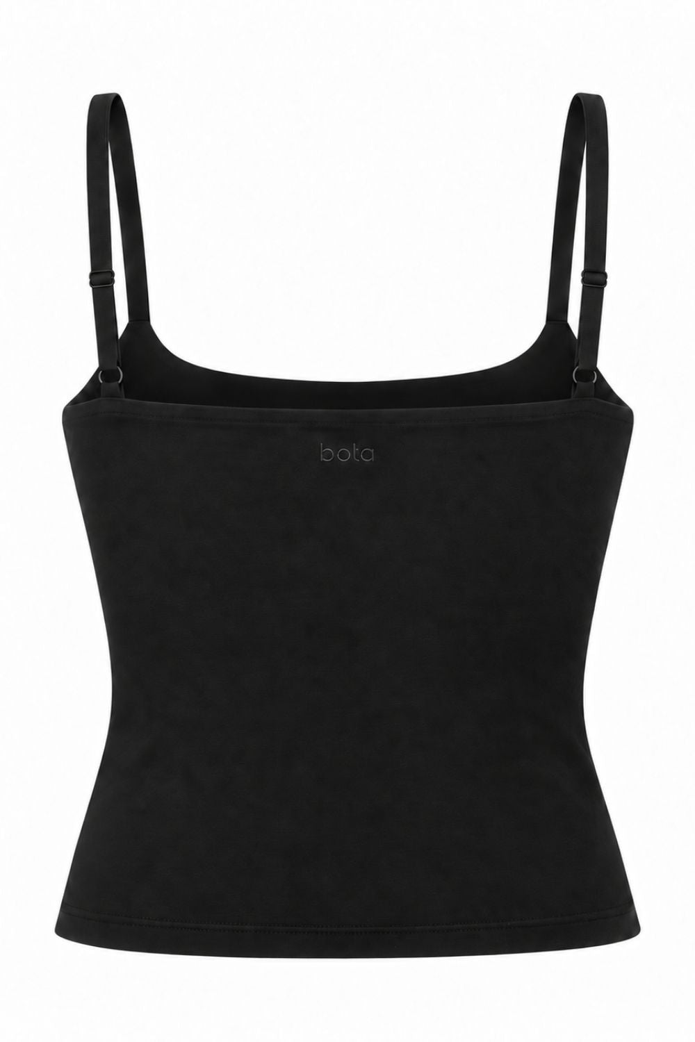 Black organic cotton longline cami top, fitted with a built-in bra.