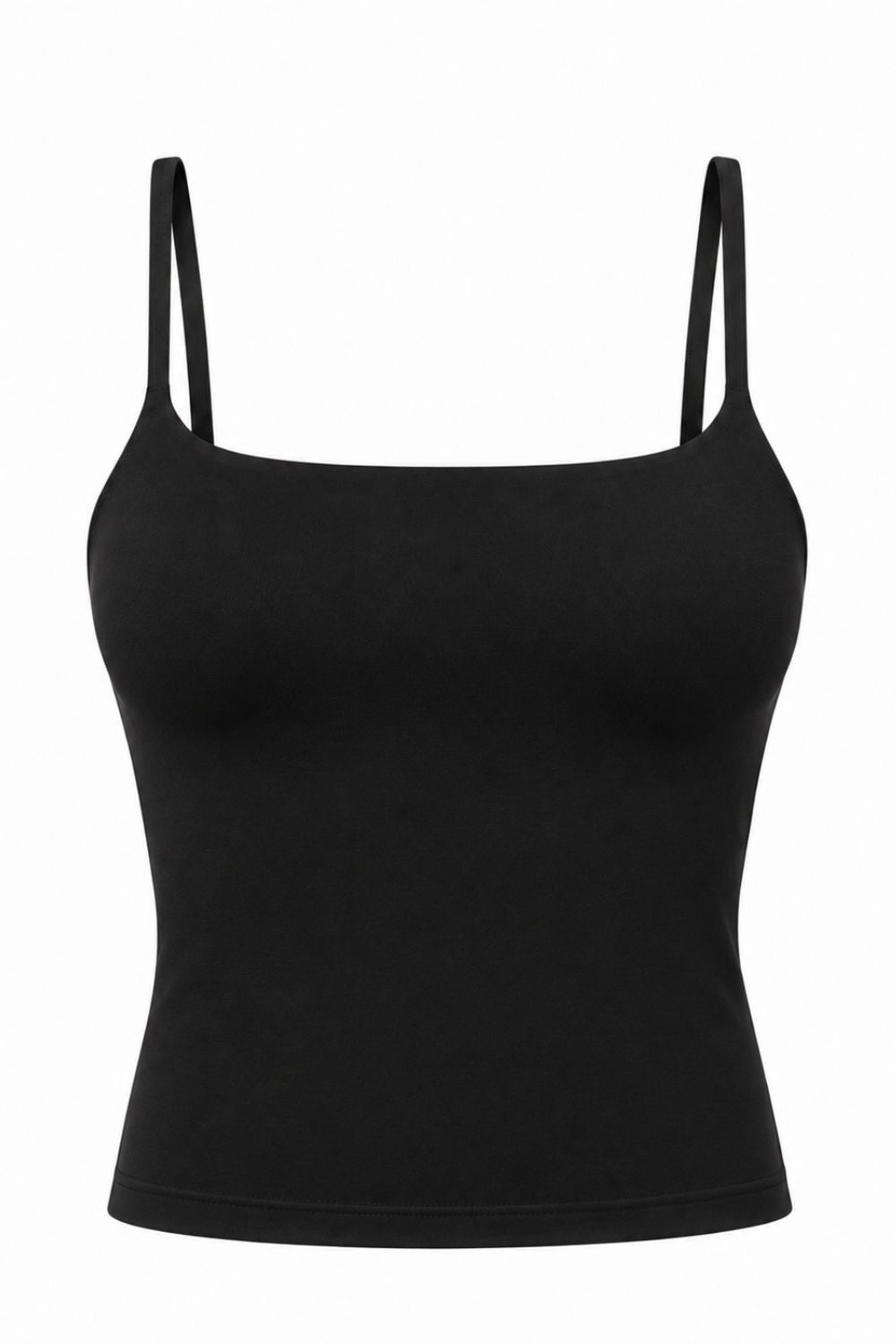 Black organic cotton cami top with a square neckline and adjustable straps.