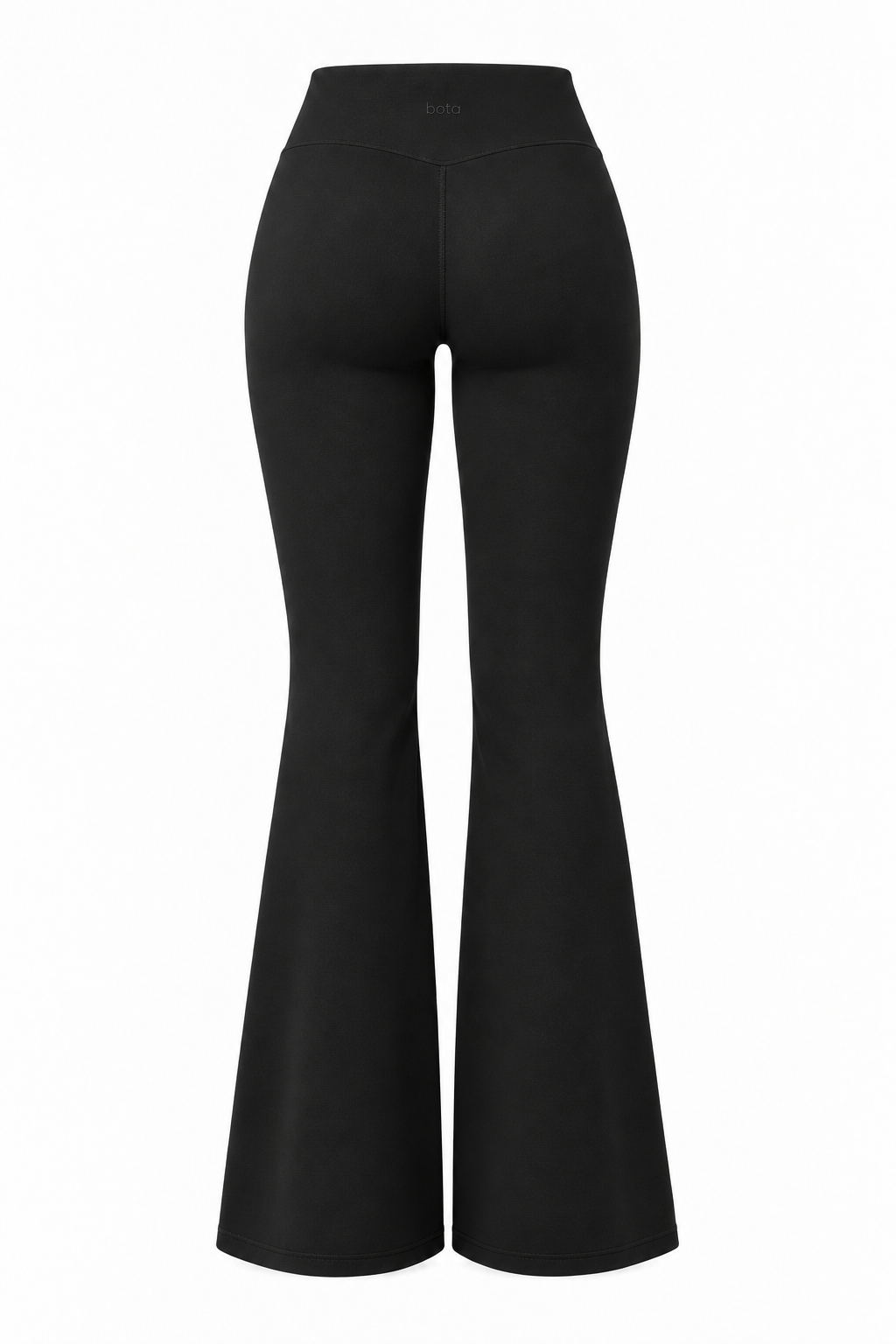 Black organic cotton flare leggings, product flat lay, back view.