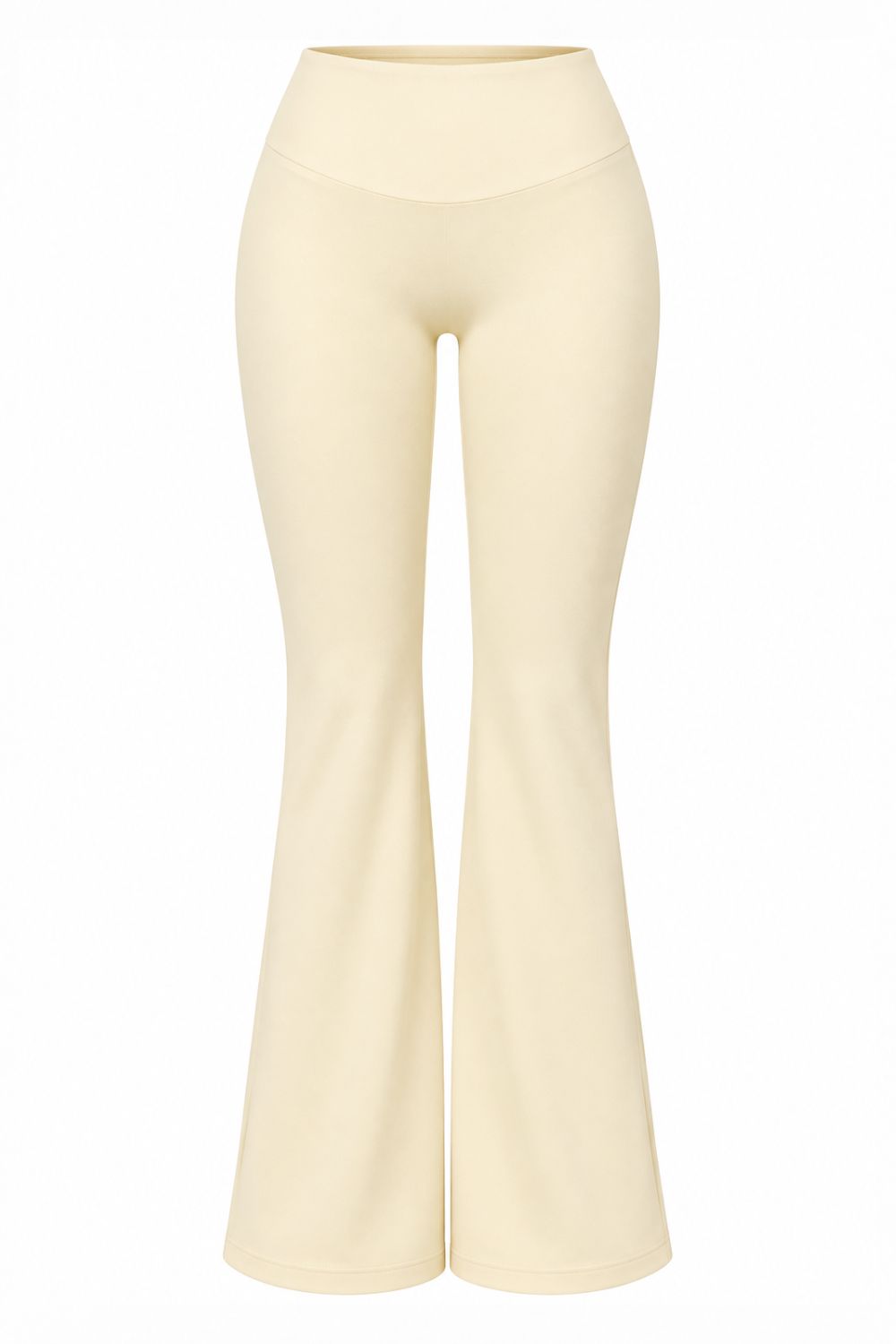 Front view of buttercream organic cotton high-waisted flare leggings, full-length.