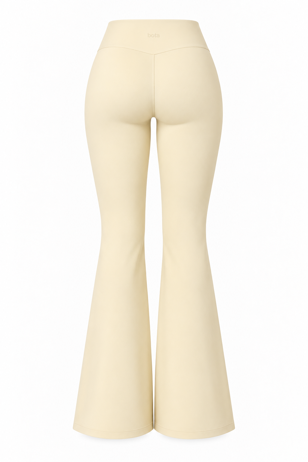 Back view of buttercream organic cotton high-waisted flare leggings, full-length.