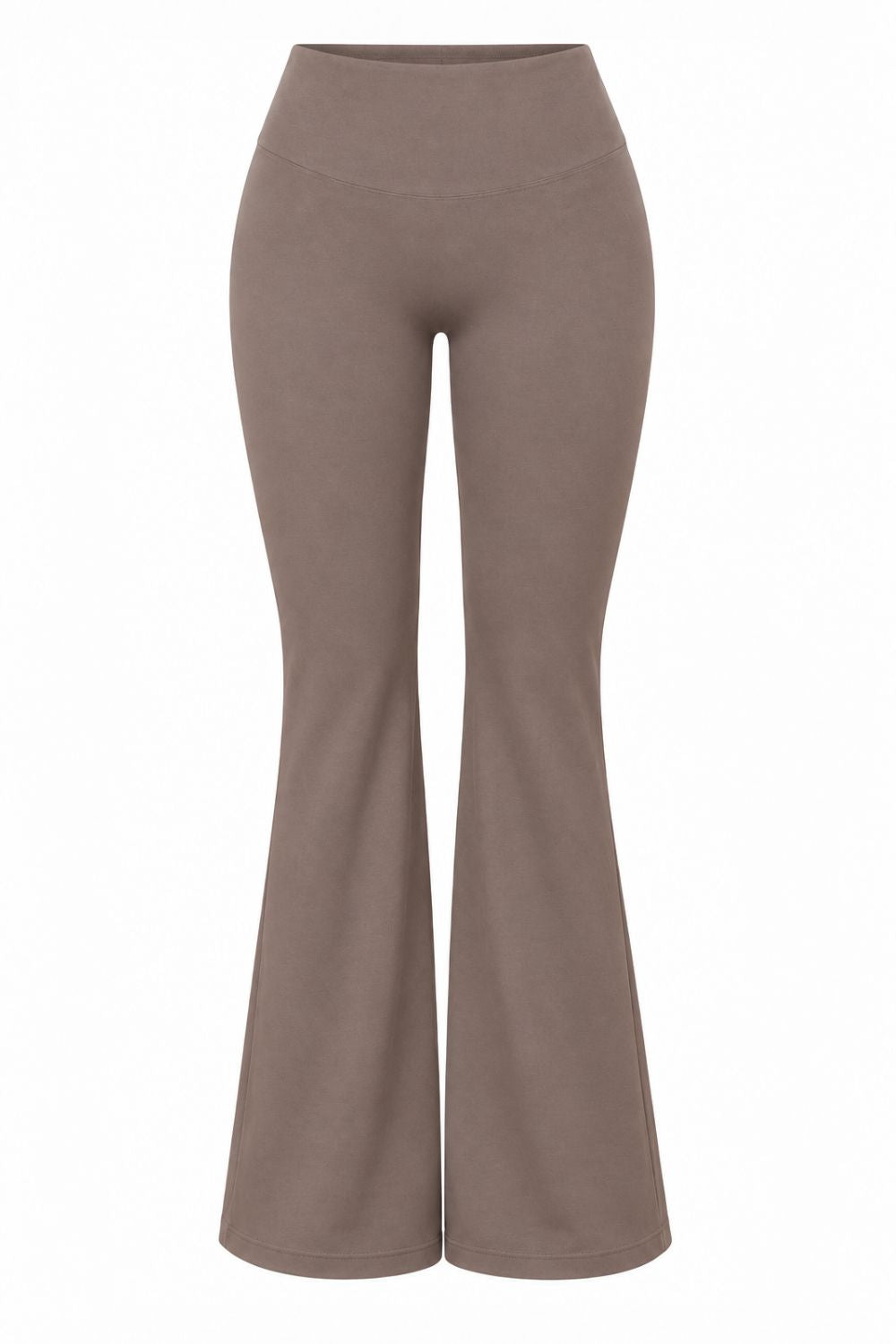 Truffle brown organic cotton flare leggings, product flat lay, front view.