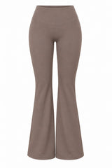 Truffle brown organic cotton flare leggings, product flat lay, front view.