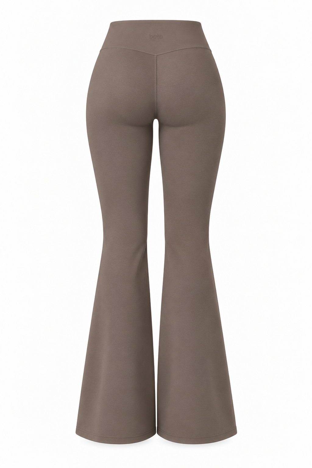 Truffle brown organic cotton flare leggings, product flat lay, back view.