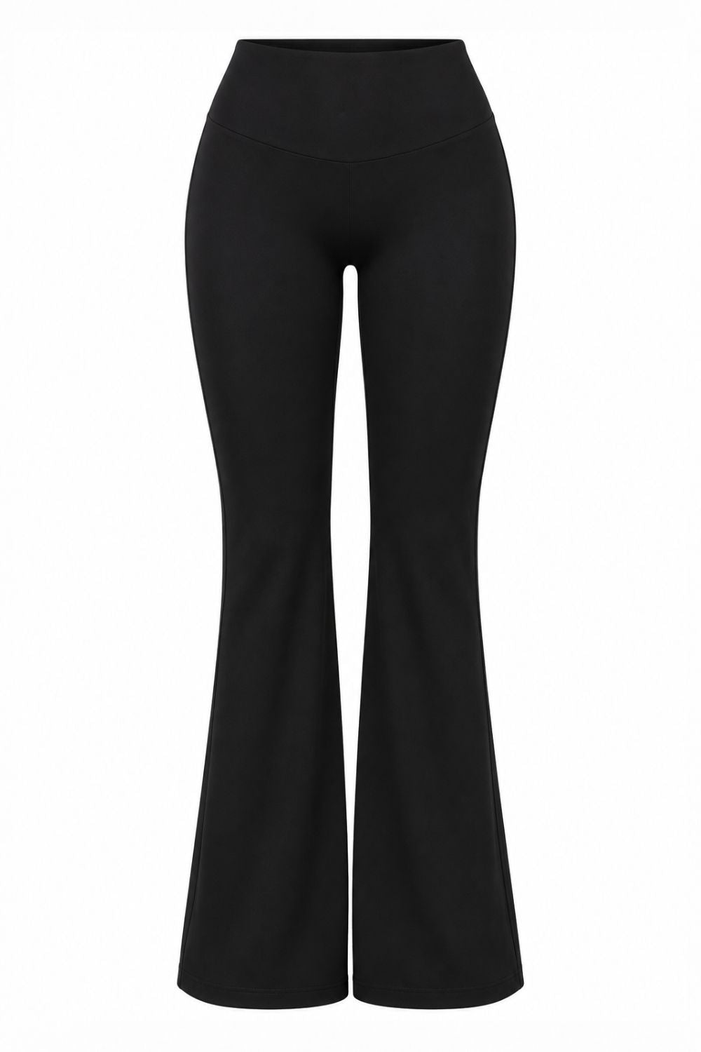 Black organic cotton flare leggings, product flat lay, front view.