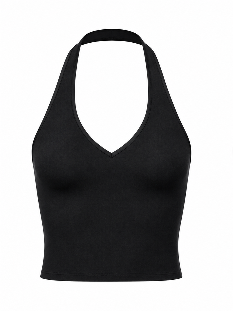 Black organic cotton halter top, product flat lay.