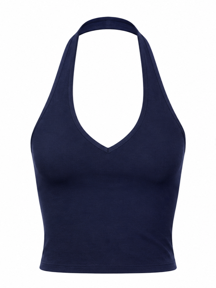 Navy organic cotton halter crop top.