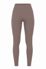 Truffle brown organic cotton high-waisted 7/8 leggings, product flat lay.