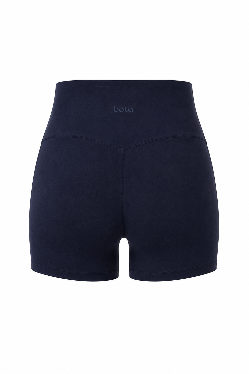 Navy organic cotton shorts showing the wide waistband and hidden pocket.