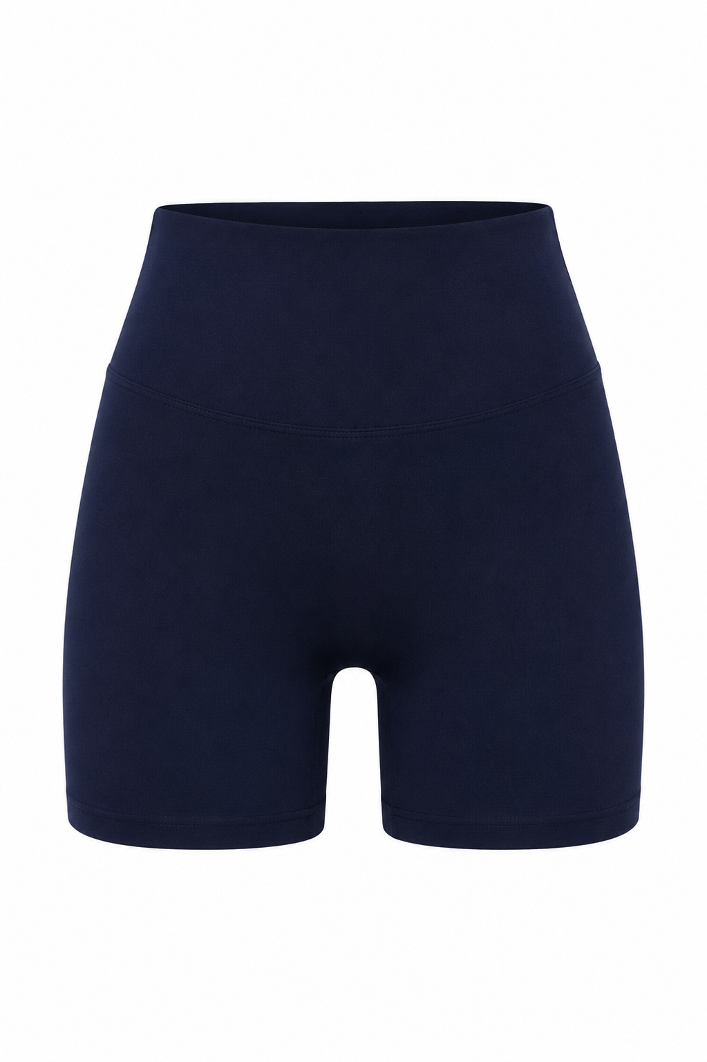 Navy organic cotton high-waisted shorts, product flat lay.