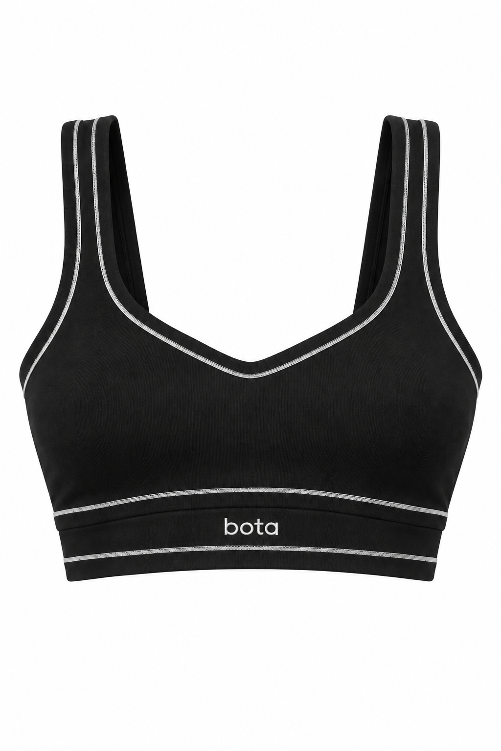 Black organic cotton sports bra, product flat lay.