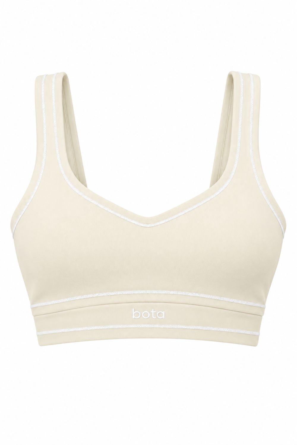 Buttercream organic cotton sports bra, product flat lay.