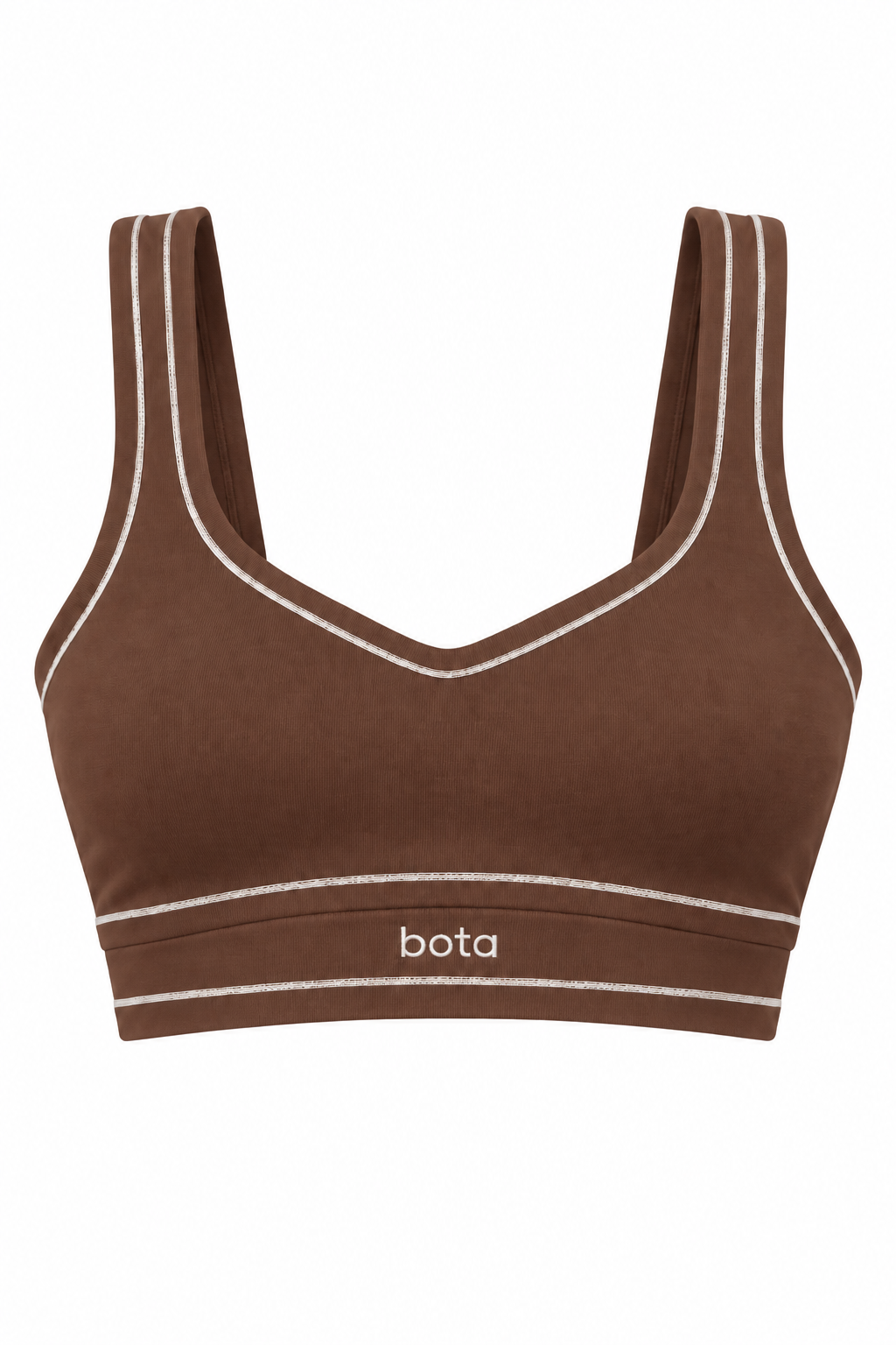 Chestnut brown organic cotton sports bra, product flat lay.