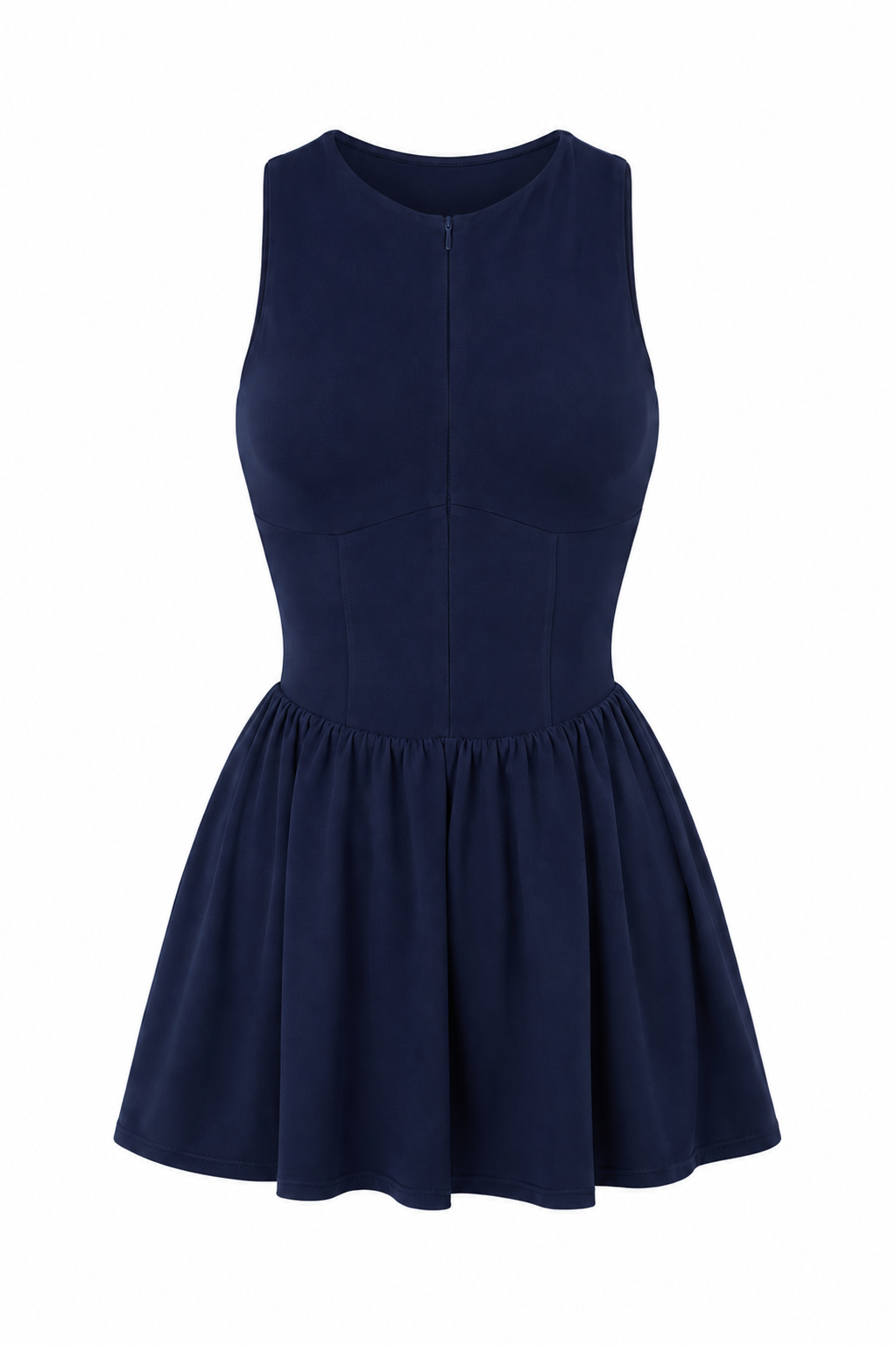 Navy organic cotton tennis dress, product flat lay.