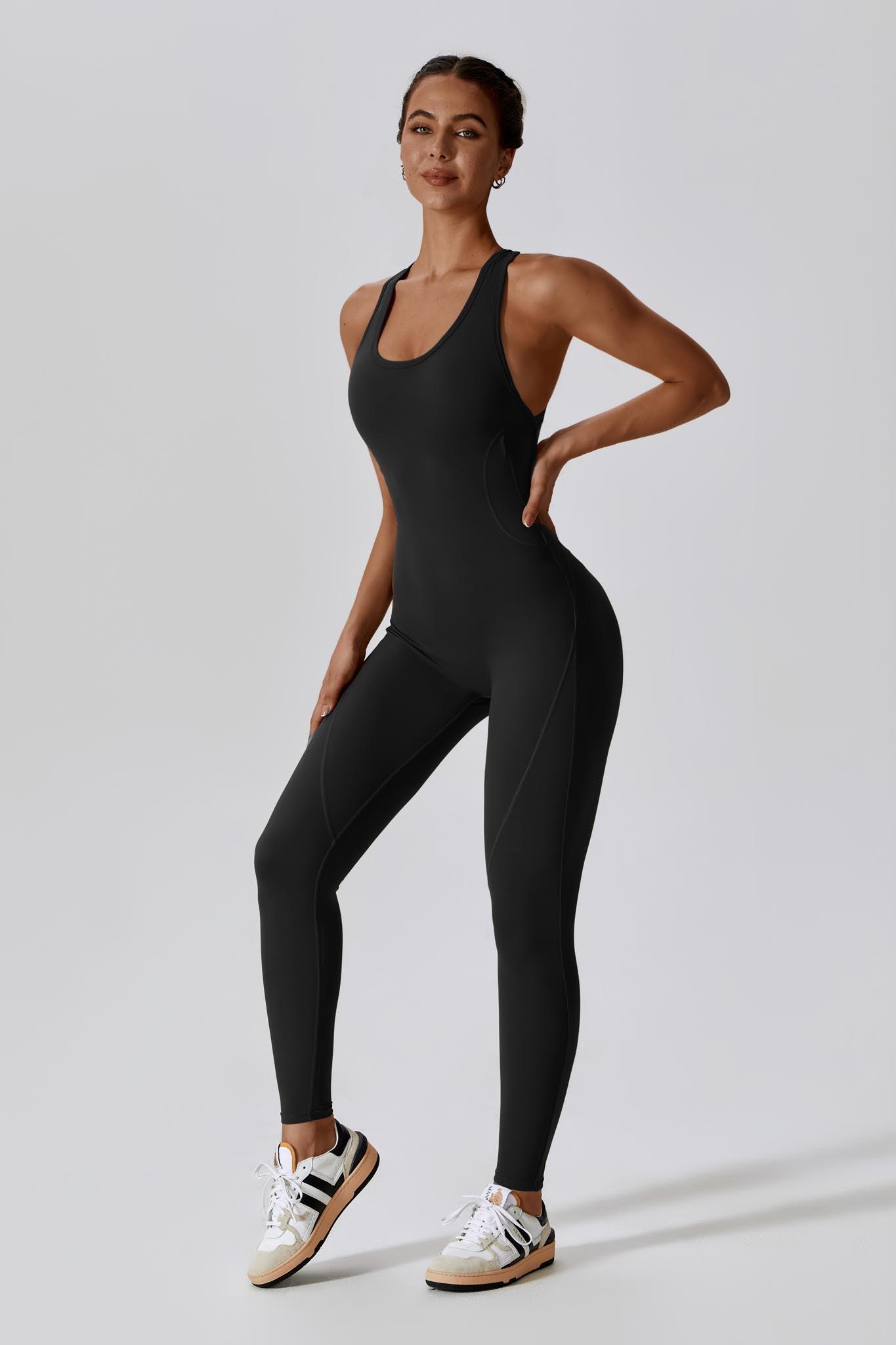 Black Workout Jumpsuit | Open Back Design & Built-In Bra By BOTA Official