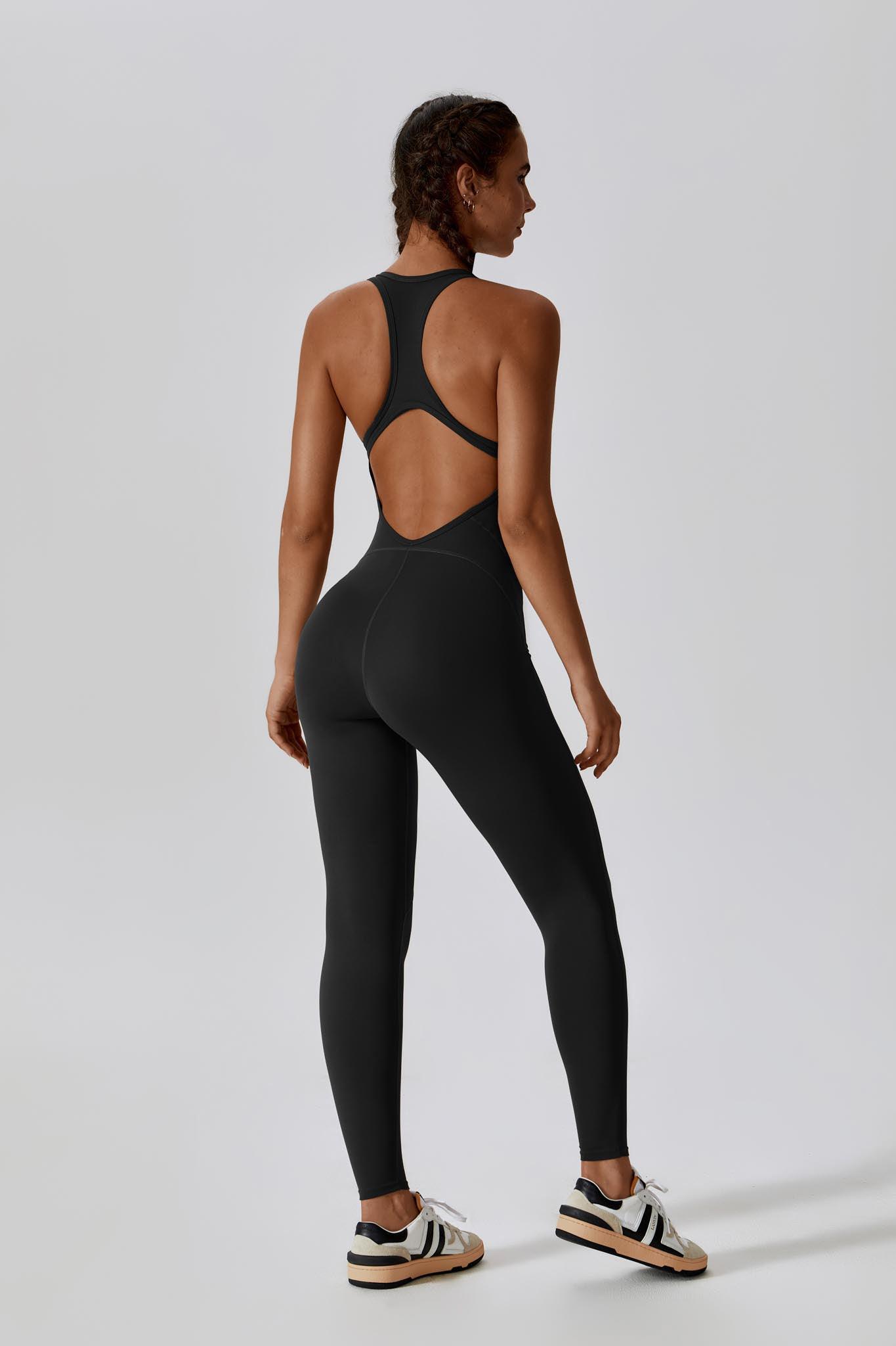 Black Workout Jumpsuit | Open Back Design & Built-In Bra By BOTA Official