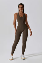 Mocha Workout Jumpsuit | Open Back & Built-in Bra By BOTA Official