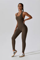 Mocha Workout Jumpsuit | Open Back & Built-in Bra By BOTA Official