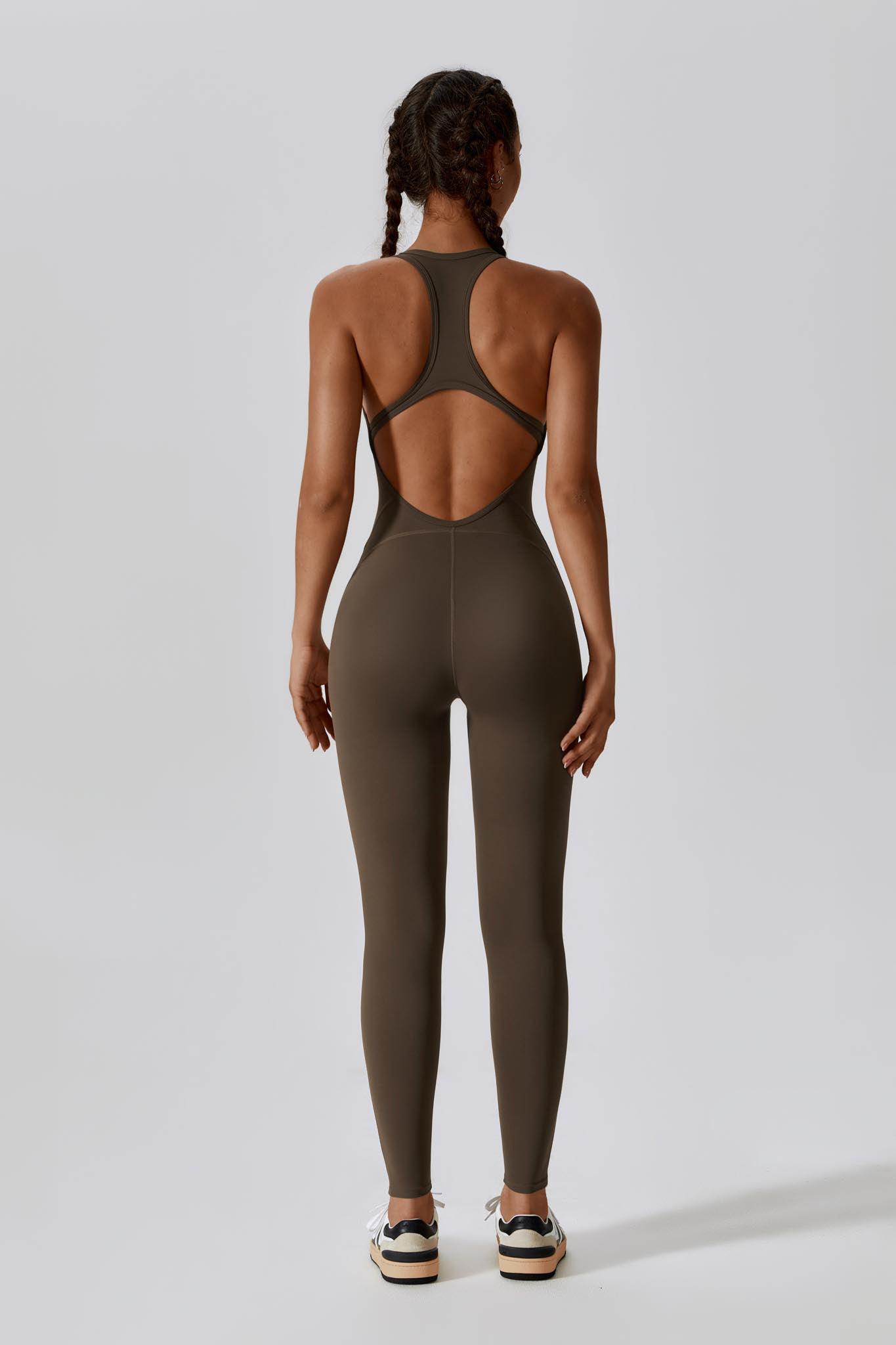 Mocha Workout Jumpsuit | Open Back & Built-in Bra By BOTA Official