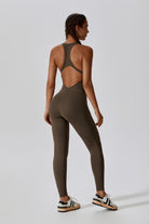 Mocha Workout Jumpsuit | Open Back & Built-in Bra By BOTA Official