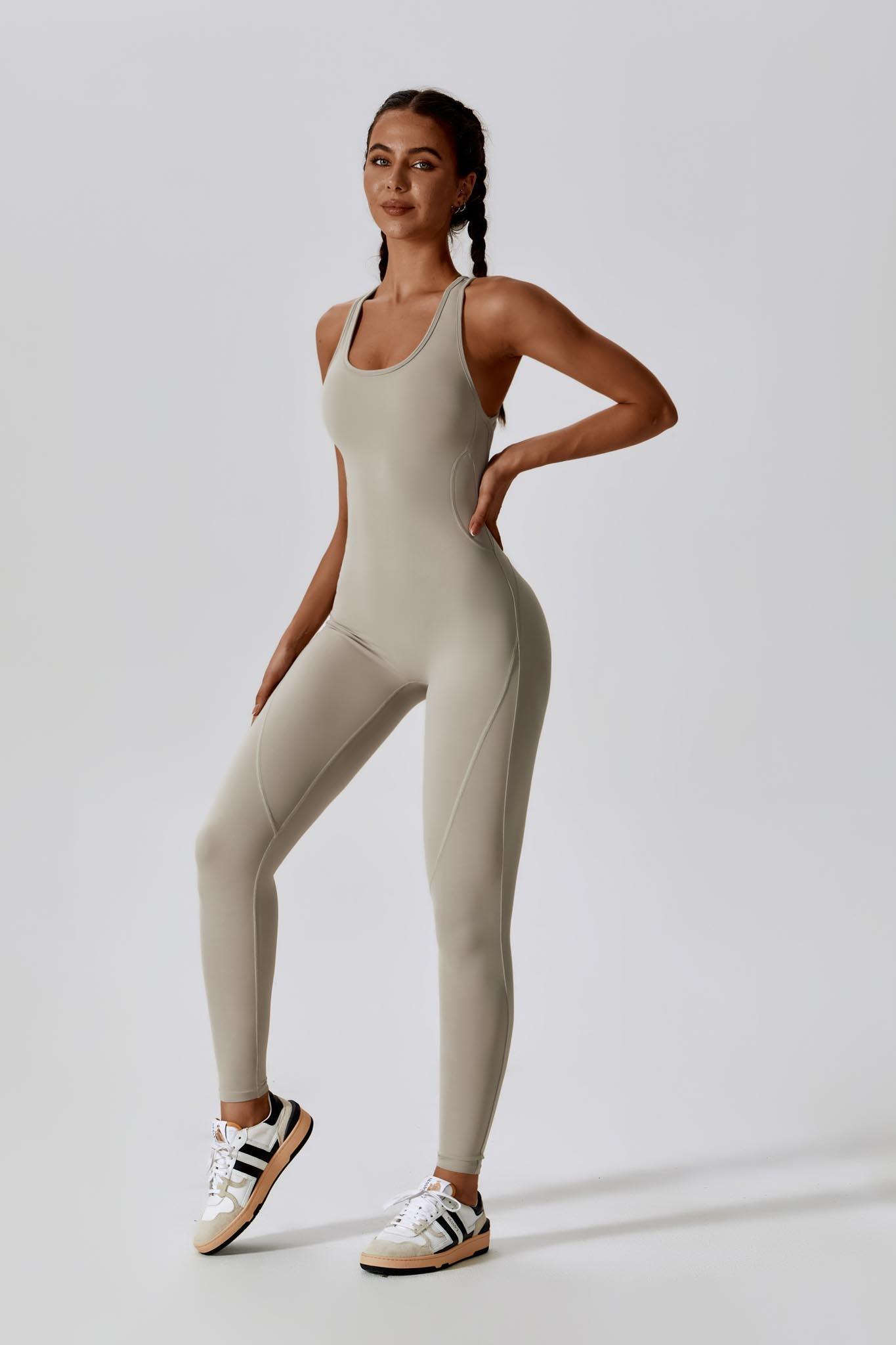 Amelia Nude Jumpsuit for Workout | Open Back & Built-In Bra By BOTA Official