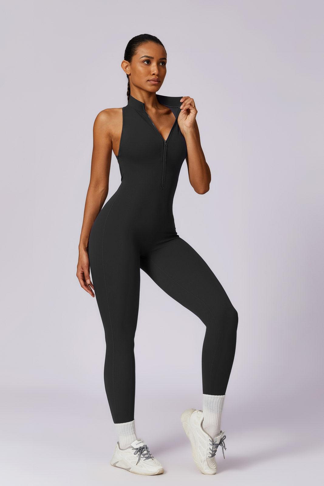 Black Sleeveless Jumpsuit | High-Neck Zip Front & Ruched Back By BOTA Official