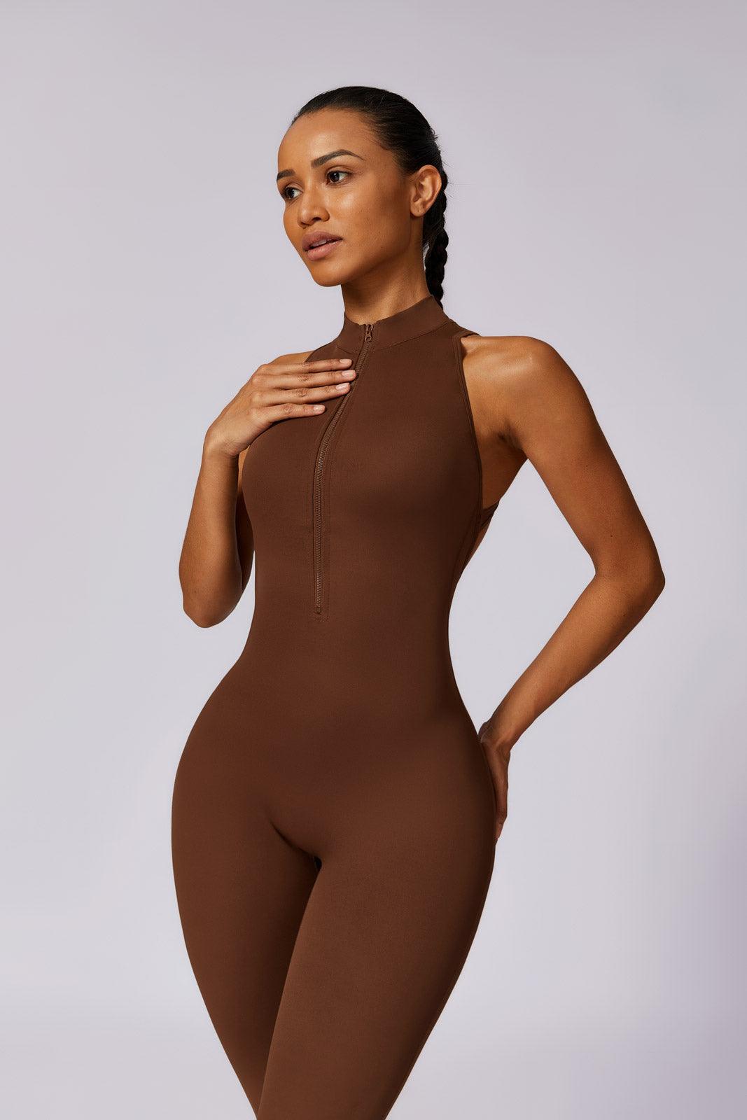 Comfortable Mocha Anita Jumpsuit with High Neck & Stretch By BOTA Official