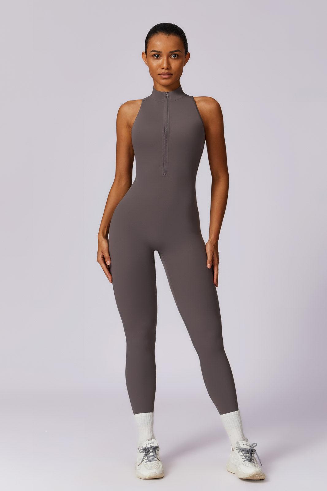 Anita Taupe Jumpsuit | High-Neck Zip Front & Ruched Back By BOTA Official