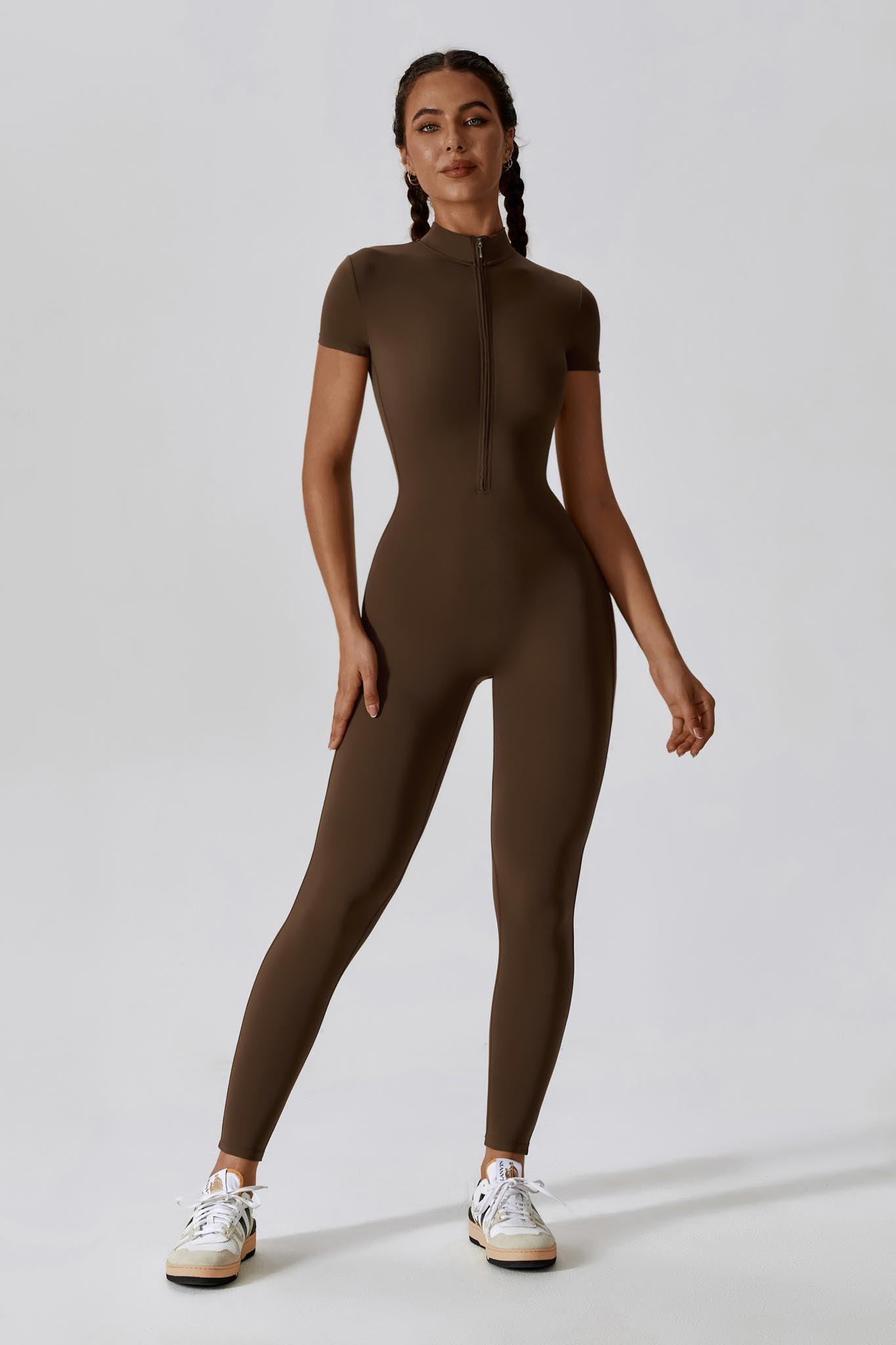 Brown Soft & Stylish Short Sleeve Jumpsuit | Workout Comfort By BOTA Official