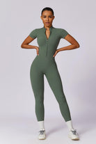 Workout Style Olive Green Jumpsuit with High Neck Zip Design By BOTA Official