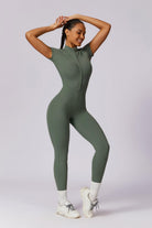 Workout Style Olive Green Jumpsuit with High Neck Zip Design By BOTA Official