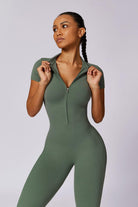 Workout Style Olive Green Jumpsuit with High Neck Zip Design By BOTA Official