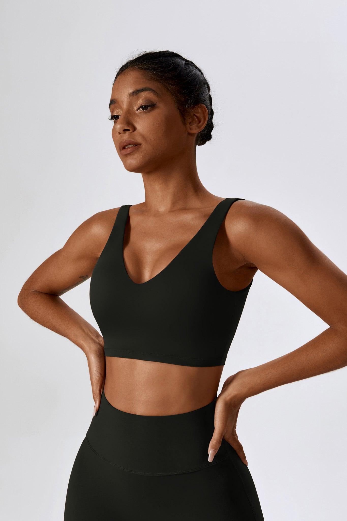 Breathable Sleek Black Sports Bra with Deep V Back by BOTA Official