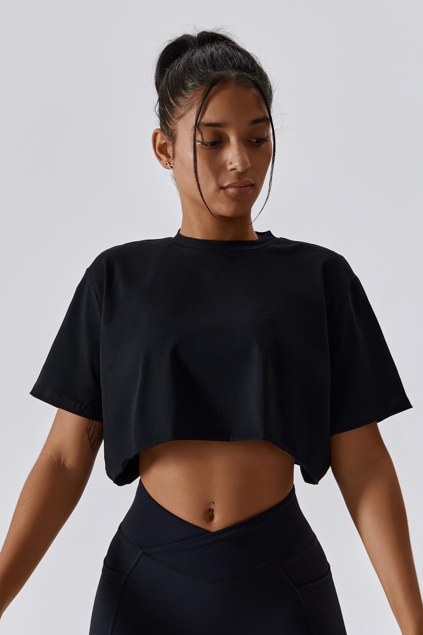 Impulse Black Crop Top with Short Sleeve and Crew Neckline By BOTA Official