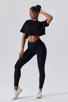 Impulse Black Crop Top with Short Sleeve and Crew Neckline By BOTA Official