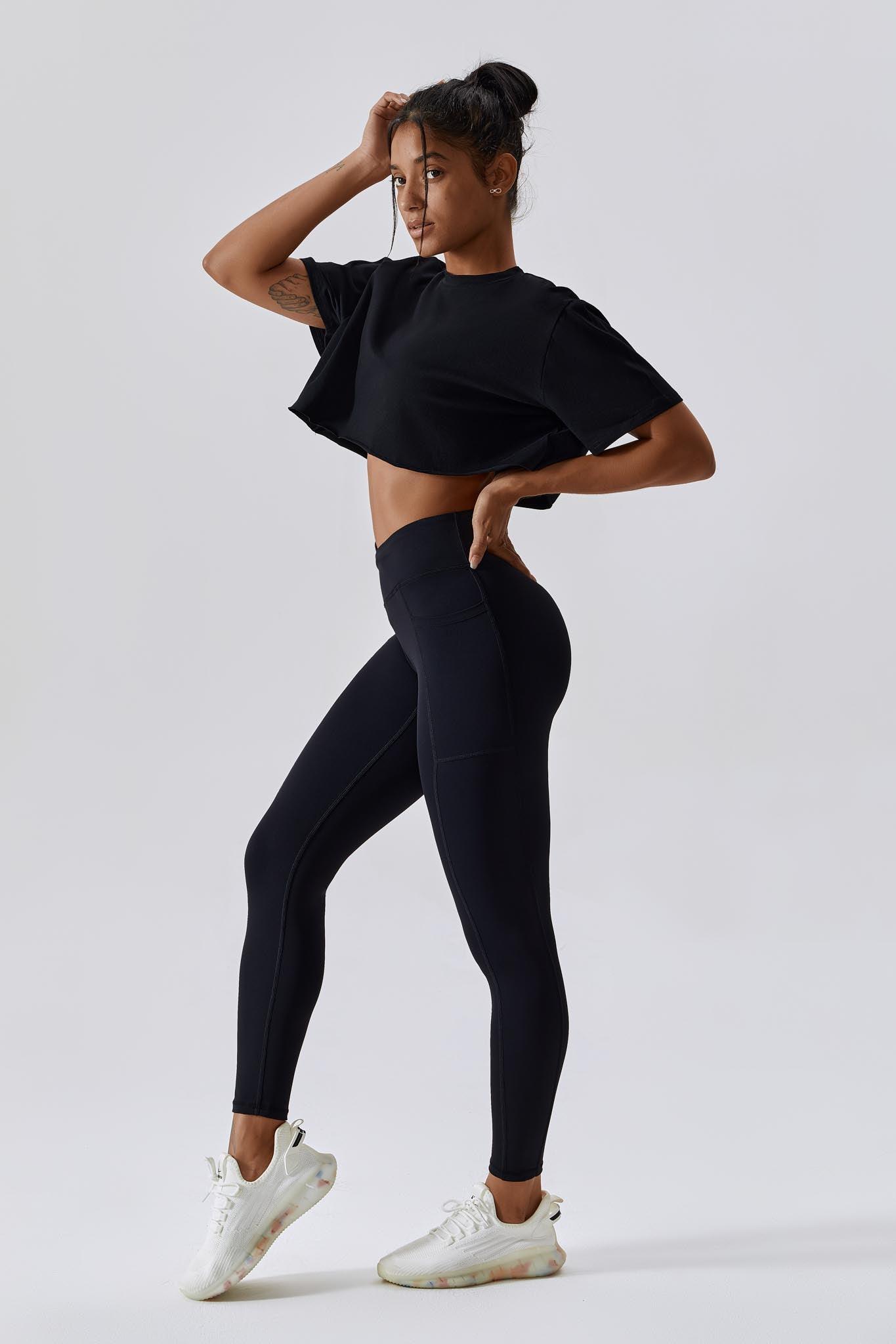 Impulse Black Crop Top with Short Sleeve and Crew Neckline By BOTA Official