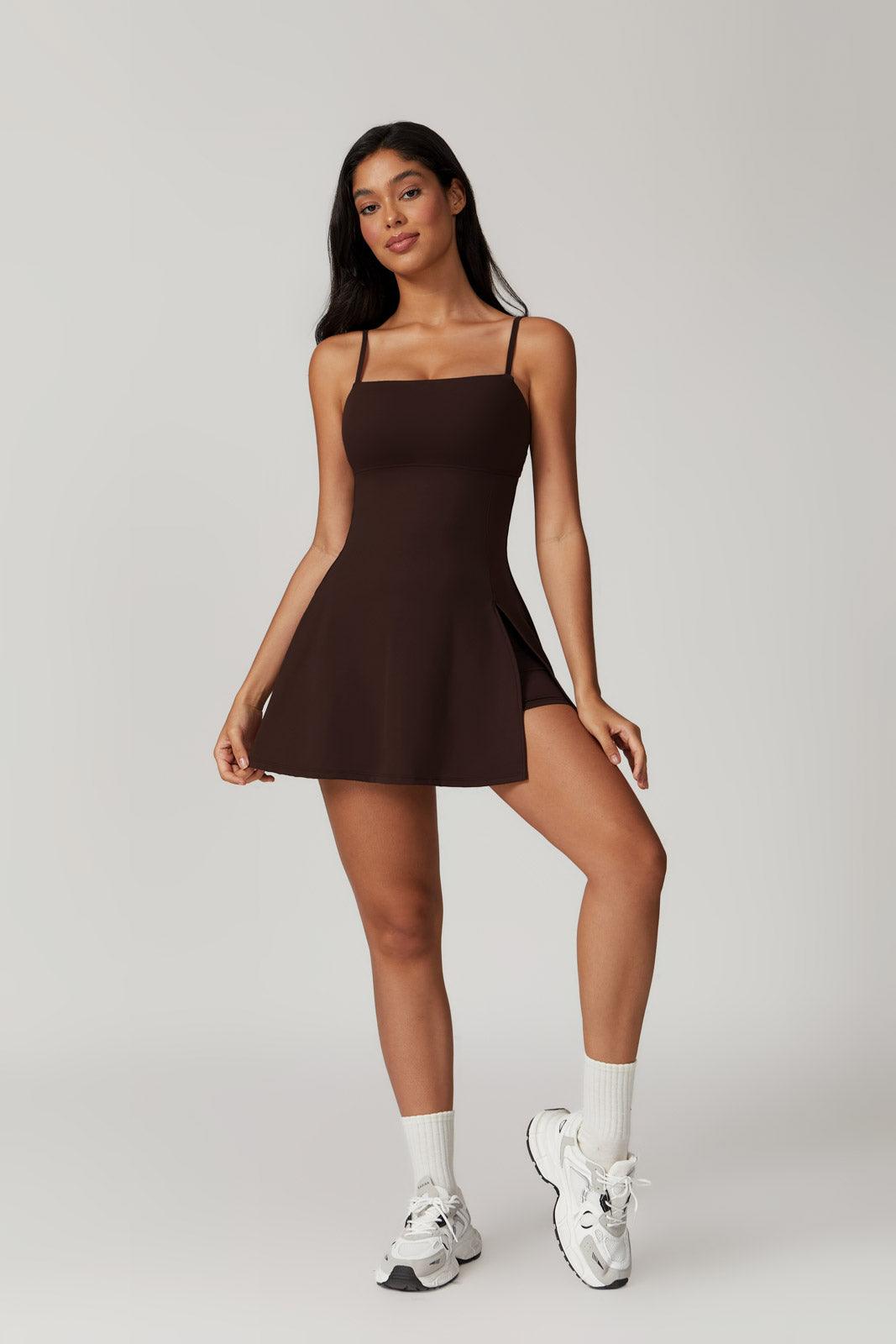 Stretchy Brown Mini Dress with Adjustable Strap By BOTA Official