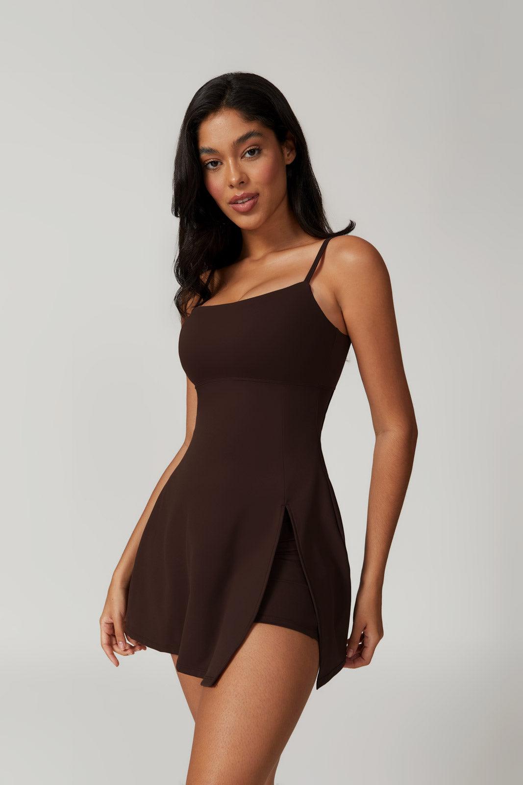 Stretchy Brown Mini Dress with Adjustable Strap By BOTA Official