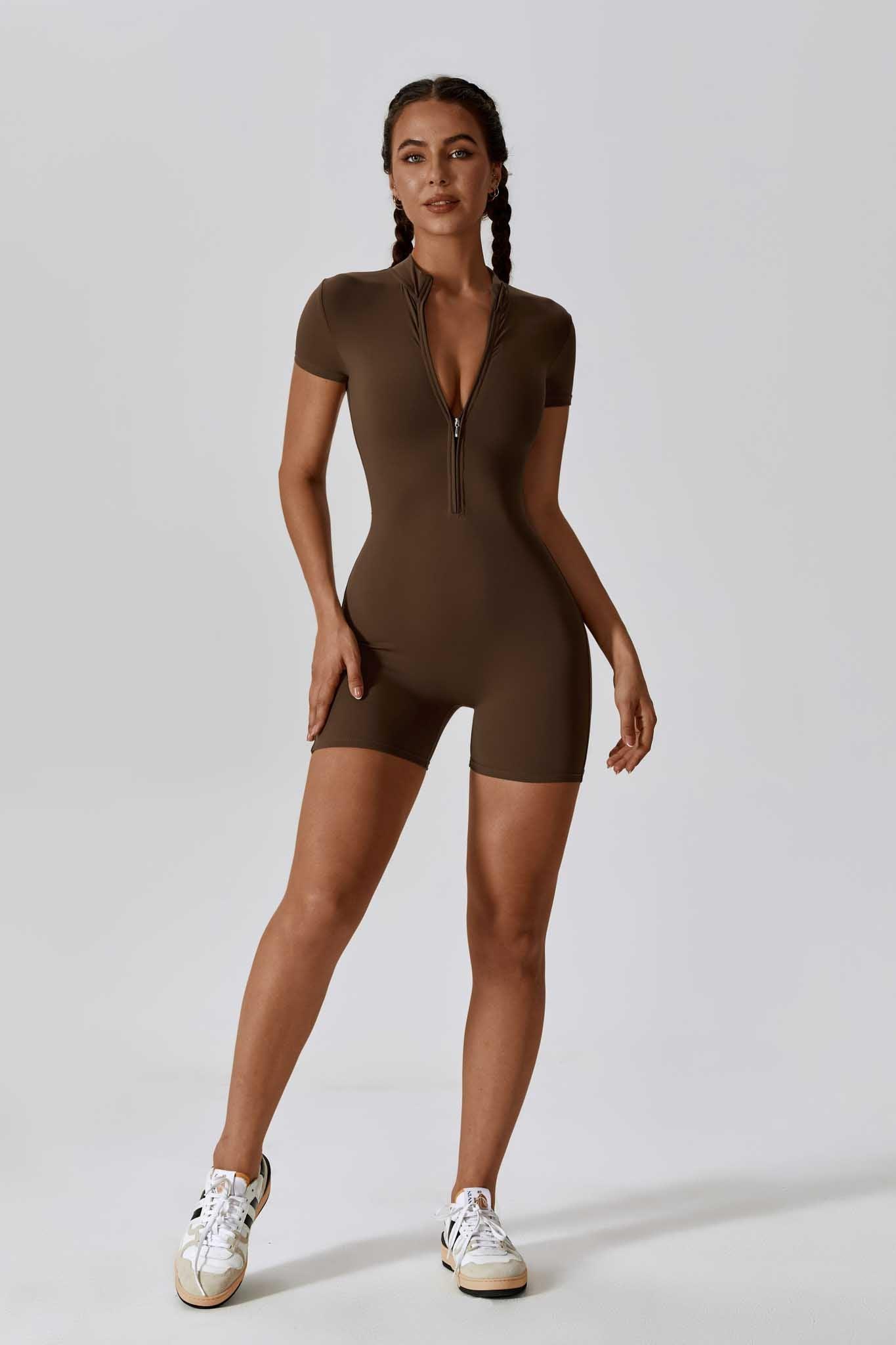 Brown Short Sleeve Romper with Back-Seam and  Collar Half Zip By BOTA Official