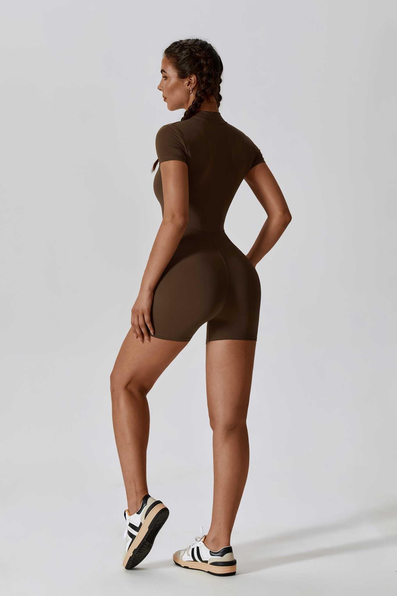 Brown Short Sleeve Romper with Back-Seam and  Collar Half Zip By BOTA Official