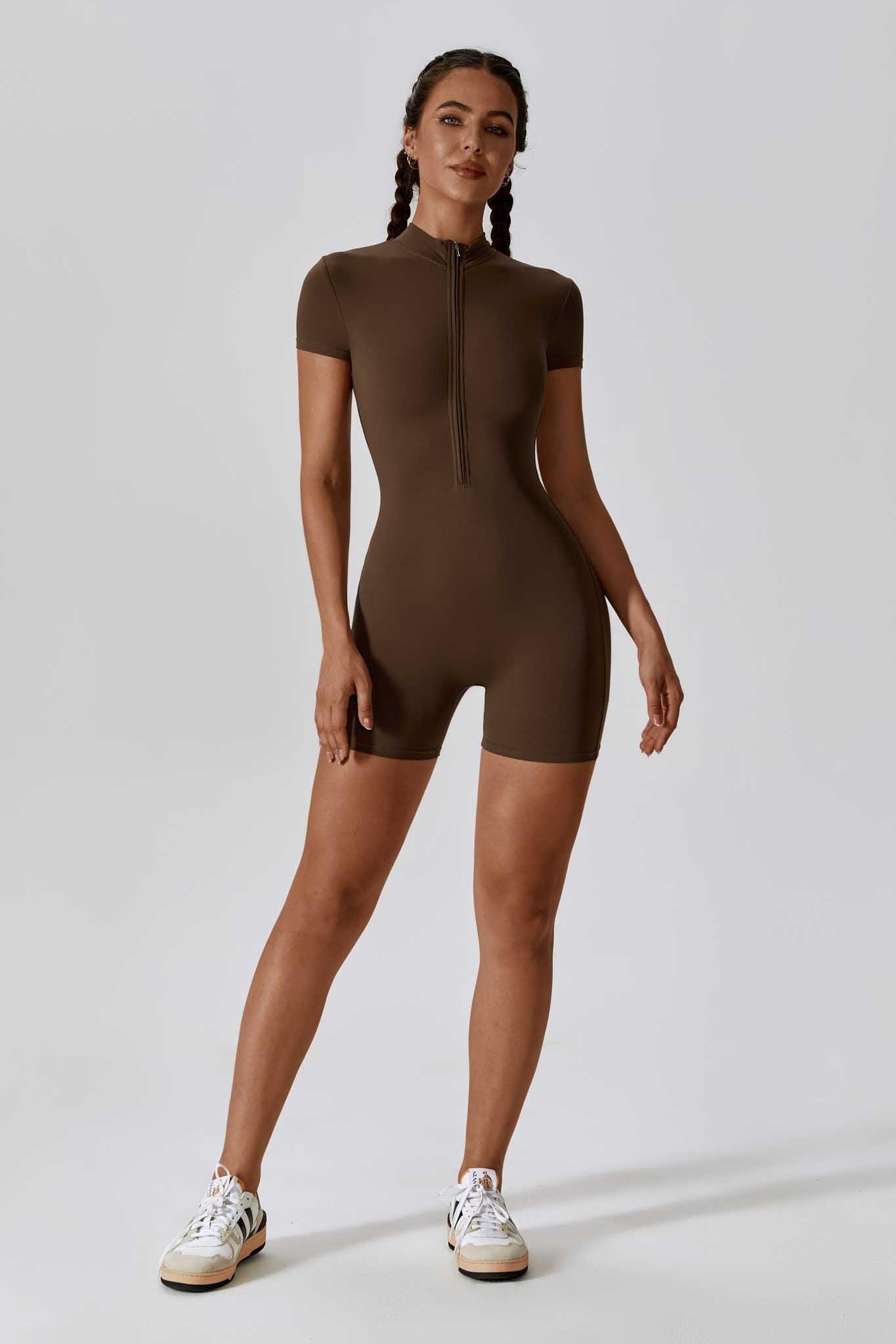 Brown Short Sleeve Romper with Back-Seam and  Collar Half Zip By BOTA Official