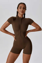 Brown Short Sleeve Romper with Back-Seam and  Collar Half Zip By BOTA Official